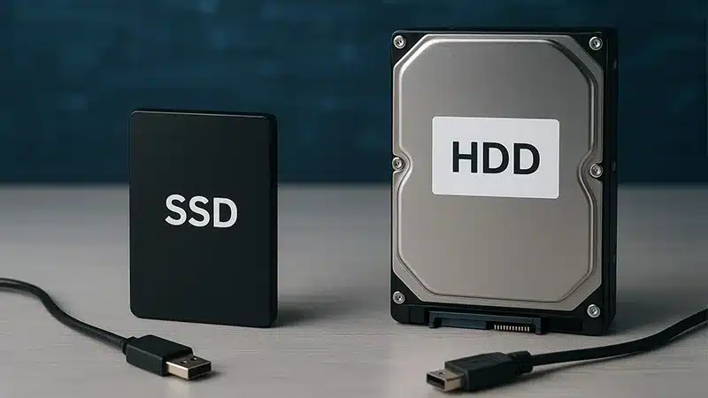 مقایسه SSD و HDD روی میز با پس‌زمینه تکنولوژیک