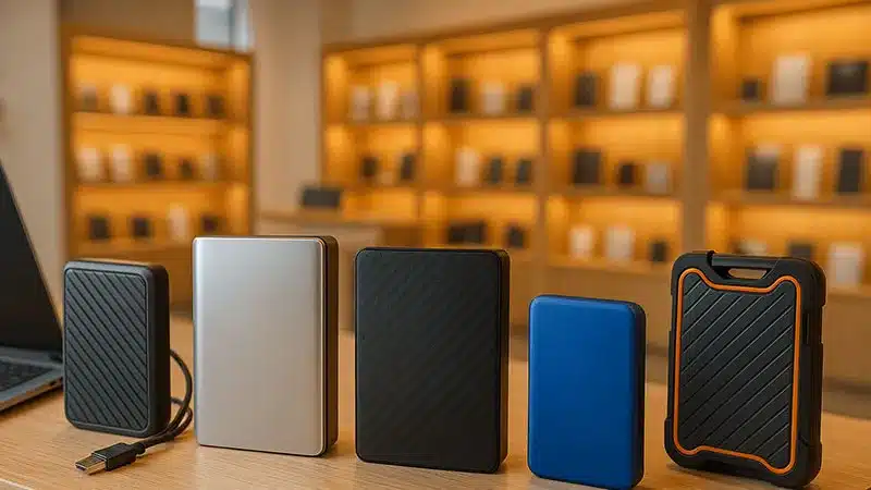 چند مدل هارد اکسترنال با طراحی‌های متنوع روی میز نمایشگاه فروشگاهی مدرن