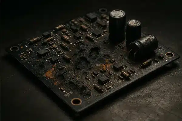 نمای نزدیک از یک برد pcb خراب شده