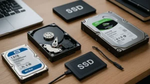 چند نوع هارد دیسک و SSD مختلف روی میز چوبی در محیطی روشن و حرفه‌ای